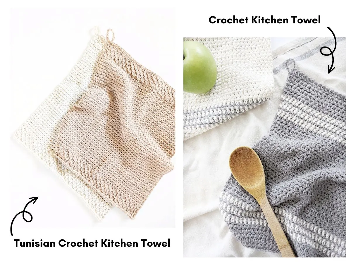 A Tunisian crochet kitchen towel and a striped crochet kitchen towel.