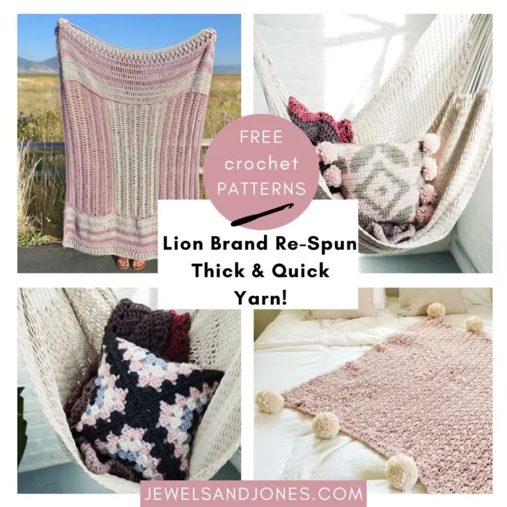 Free crochet blanket and pillow patterns that use Re-Spun Thick & Quick yarn.