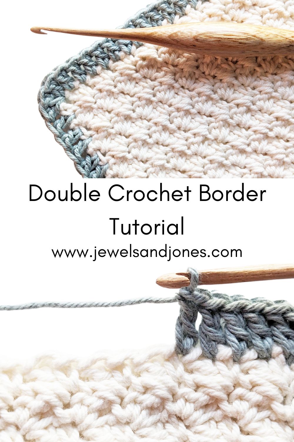 A double crochet border made with cotton yarn on a blanket.