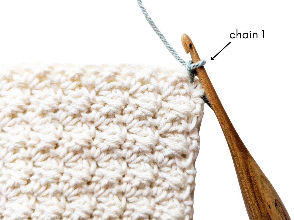 Image shows a chain 1 on a crochet washcloth.