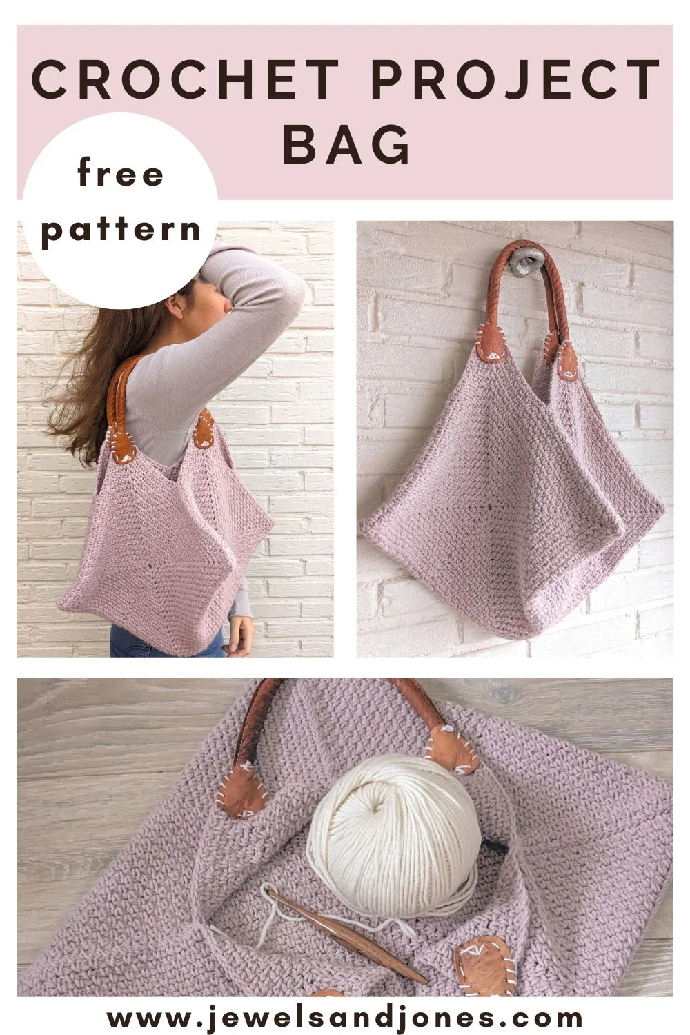 A free crochet project bag pattern made from granny squares.