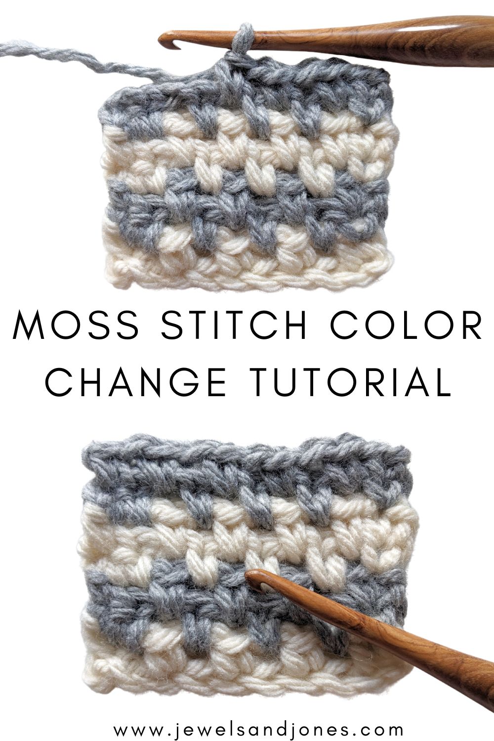 A tutorial on how to change colors when making the crochet moss stitch.
