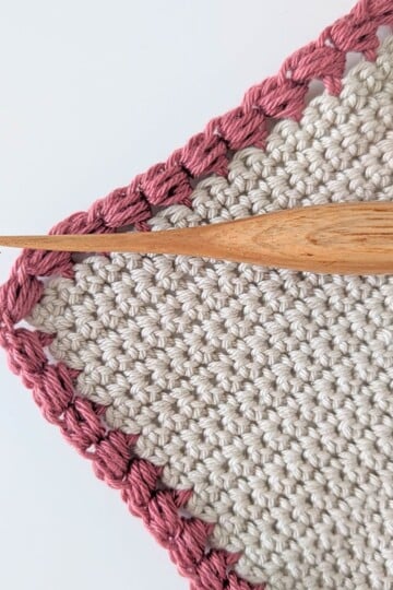 A crochet puff stitch border on a single crochet swatch.