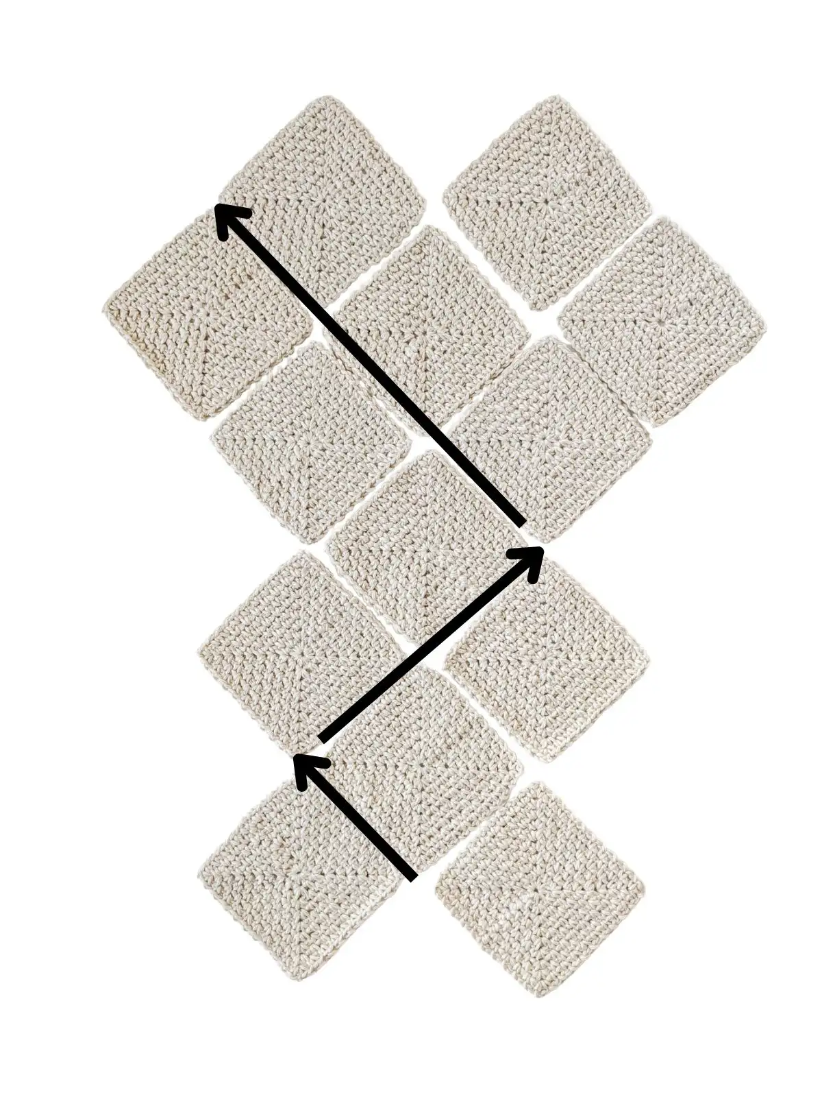 Image show how to layout your granny squares to seam for a bag.