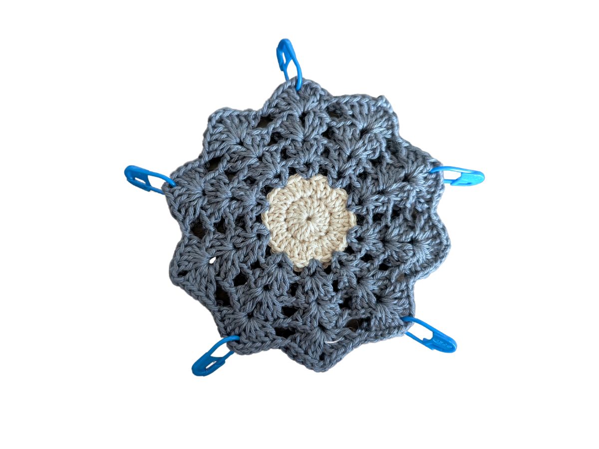  Two crochet petals held together with stitch markers.