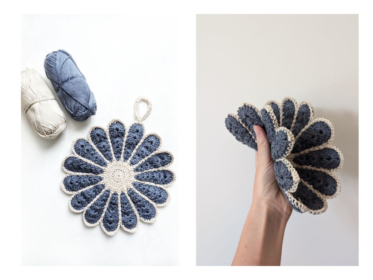 A vintage crochet flower potholder.