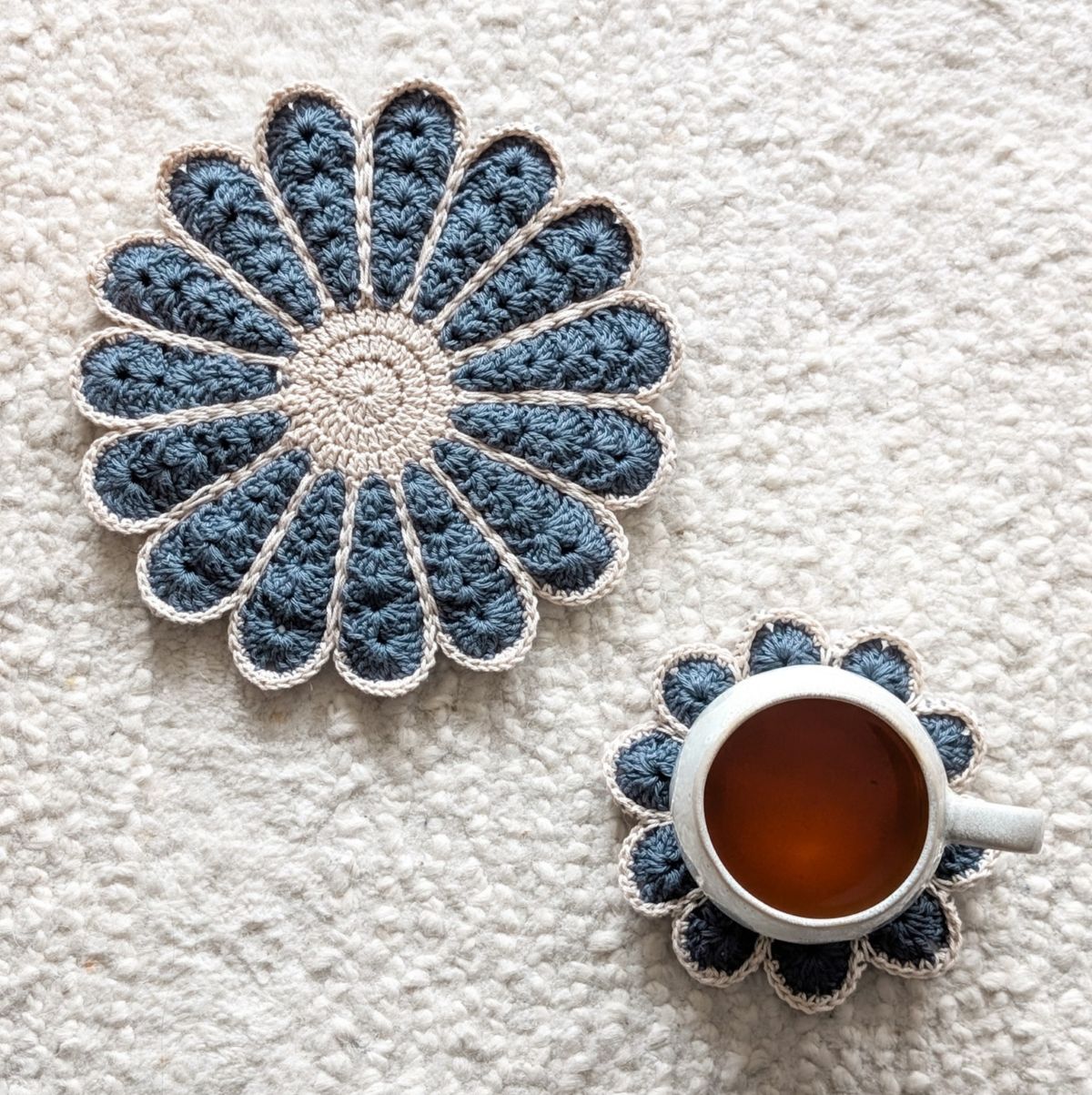 A matching crochet flower potholder + coaster pattern set. 